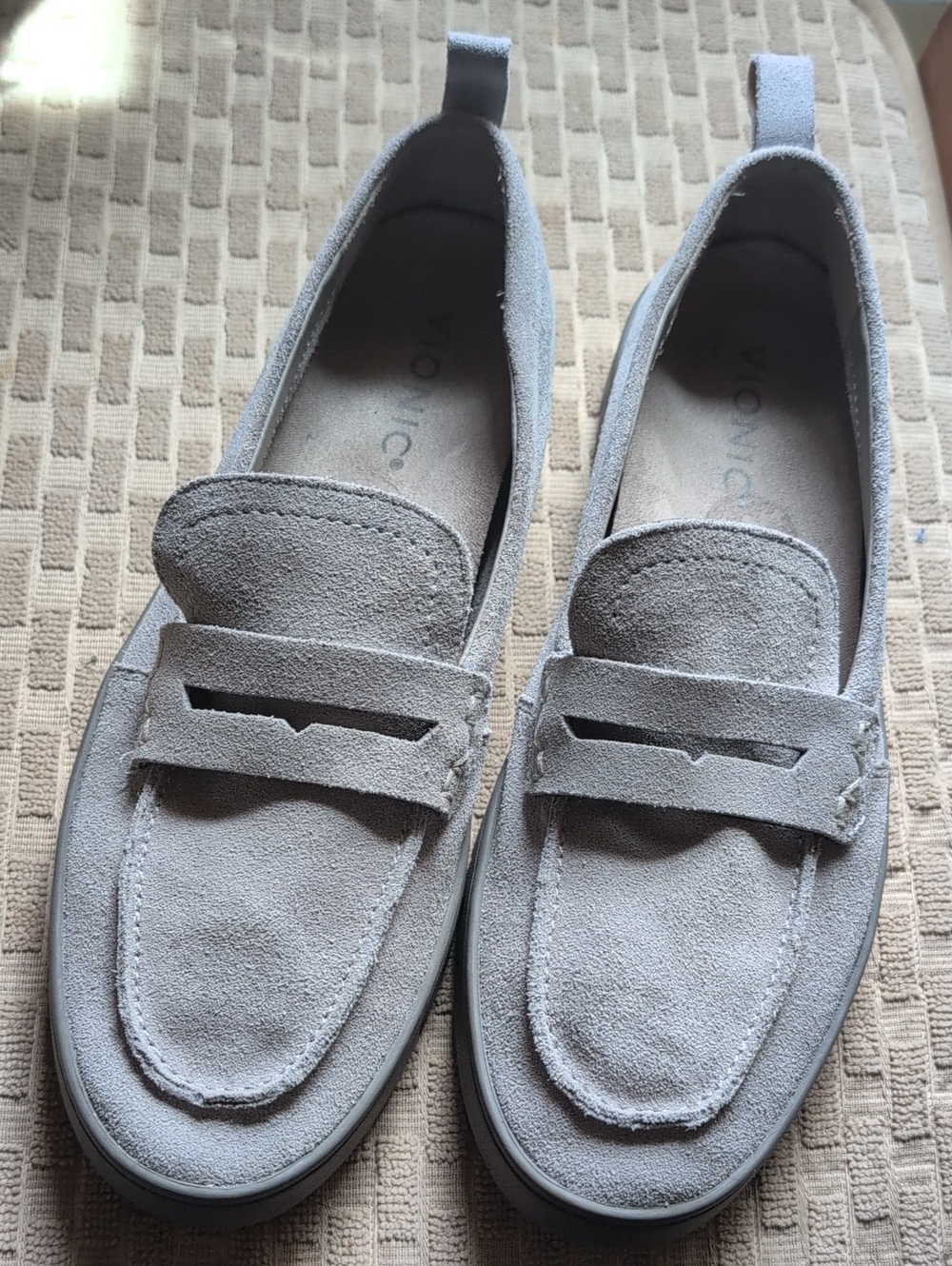 Vionic Uptown Women's Suede Penny Loafers in Light Gray Comfort Slip On Flat